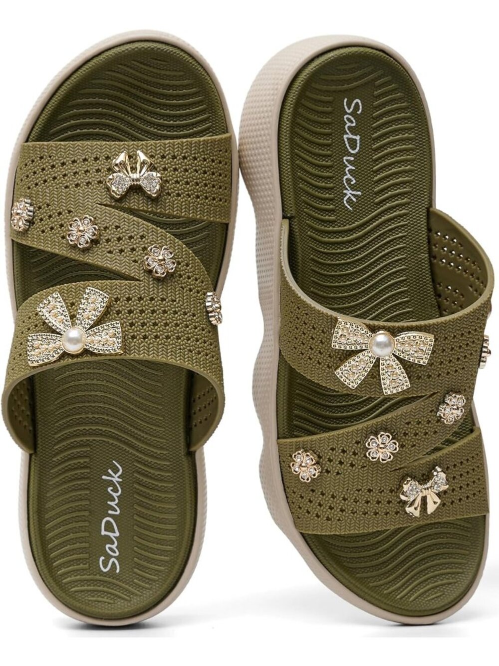 Women Green Decoration Beach Sandals Cute Slip On Summer Slides Sandals Vacation